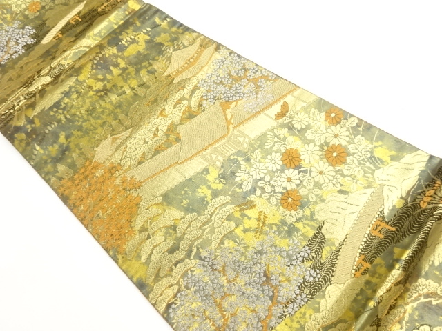 JAPANESE FUKURO OBI / WOVEN MAPLE LEAVES & SCENERY OF TEMPLE / BY HATTORI ORIMONO